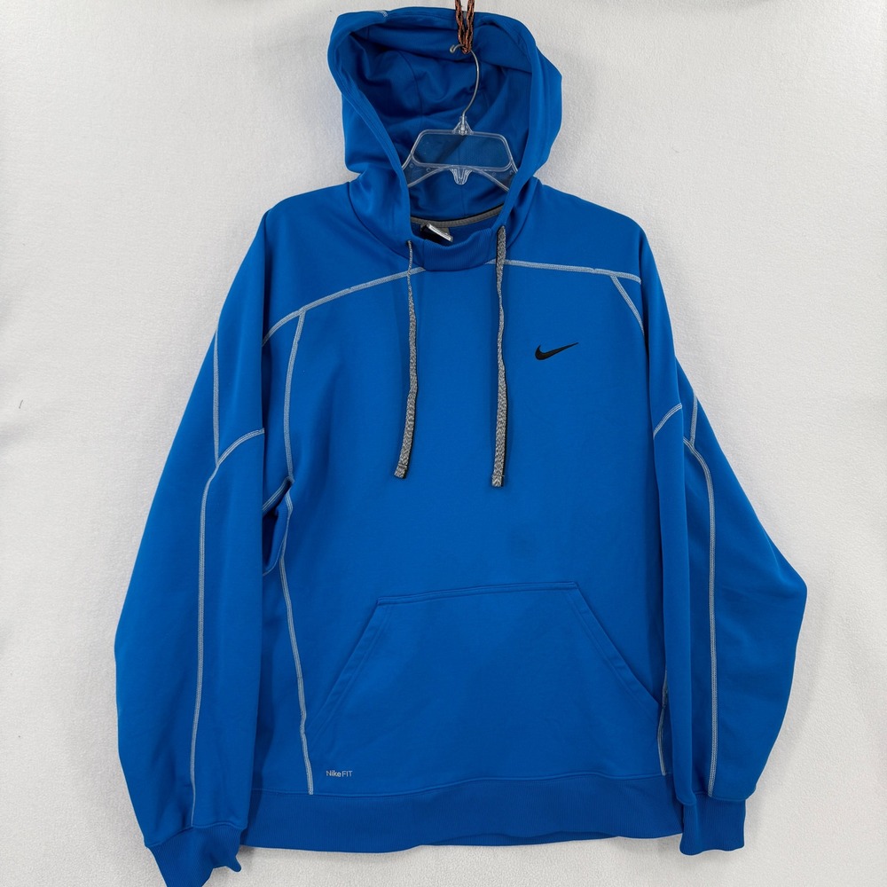 Nike Hoodie Mens Large Blue Therma Fit Pullover Fleece Y2K Black Swoosh